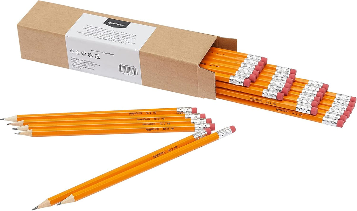 Amazon Basics Wood-Cased #2 Pencils for Writing, Drawing and Sketching, Pre-sharpened, HB Soft Lead with Erasers, Teacher Supplies, 150 Count, Yellow