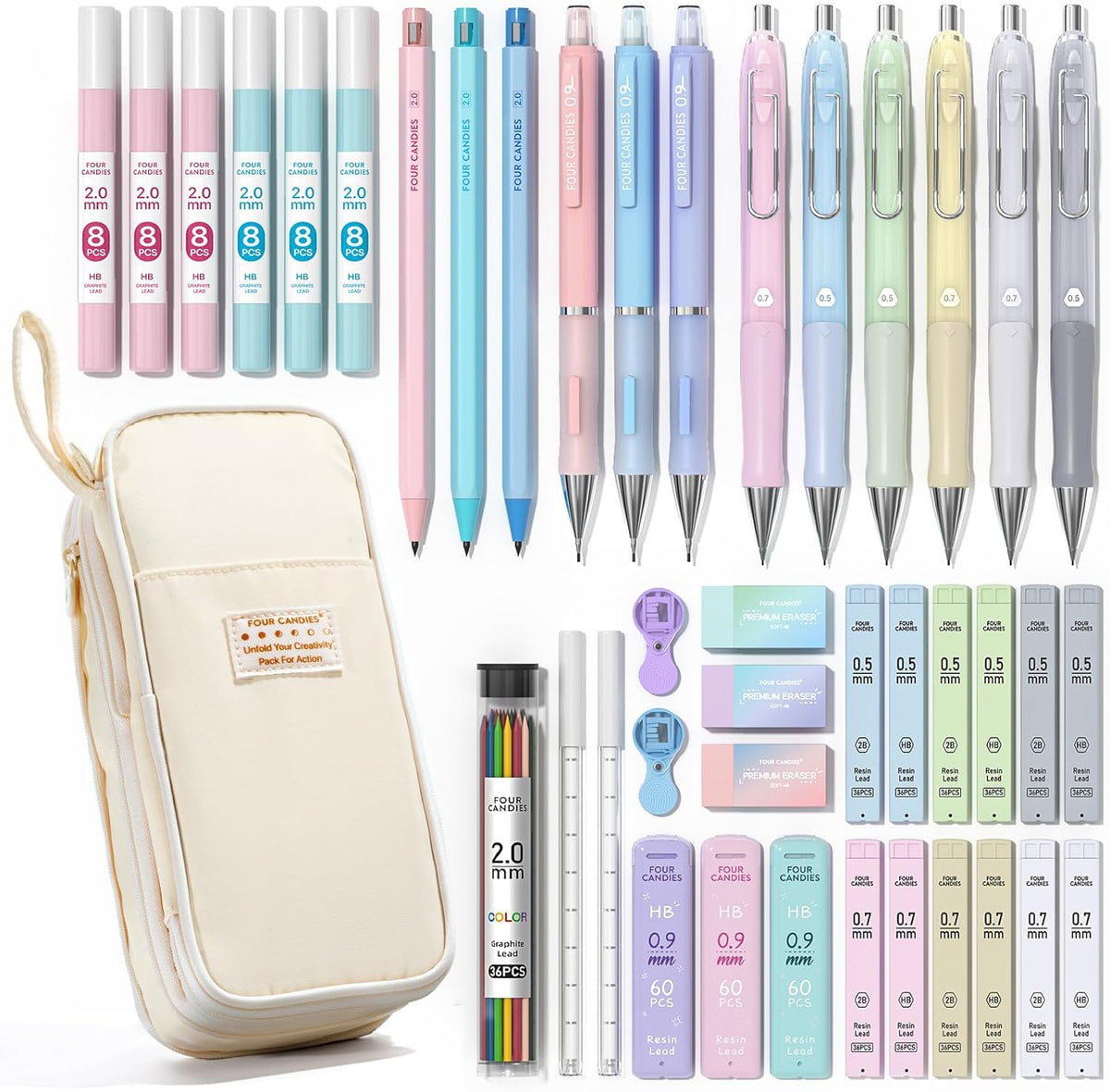 Four Candies 36PCS Mechanical Pencil Set with 624 Lead Refills (Pink) | 0.5mm - 2.0mm Mechanical Pencils, Aesthetic School Supplies for Writing, Drawing, Drafting , Note-Taking & Back to School