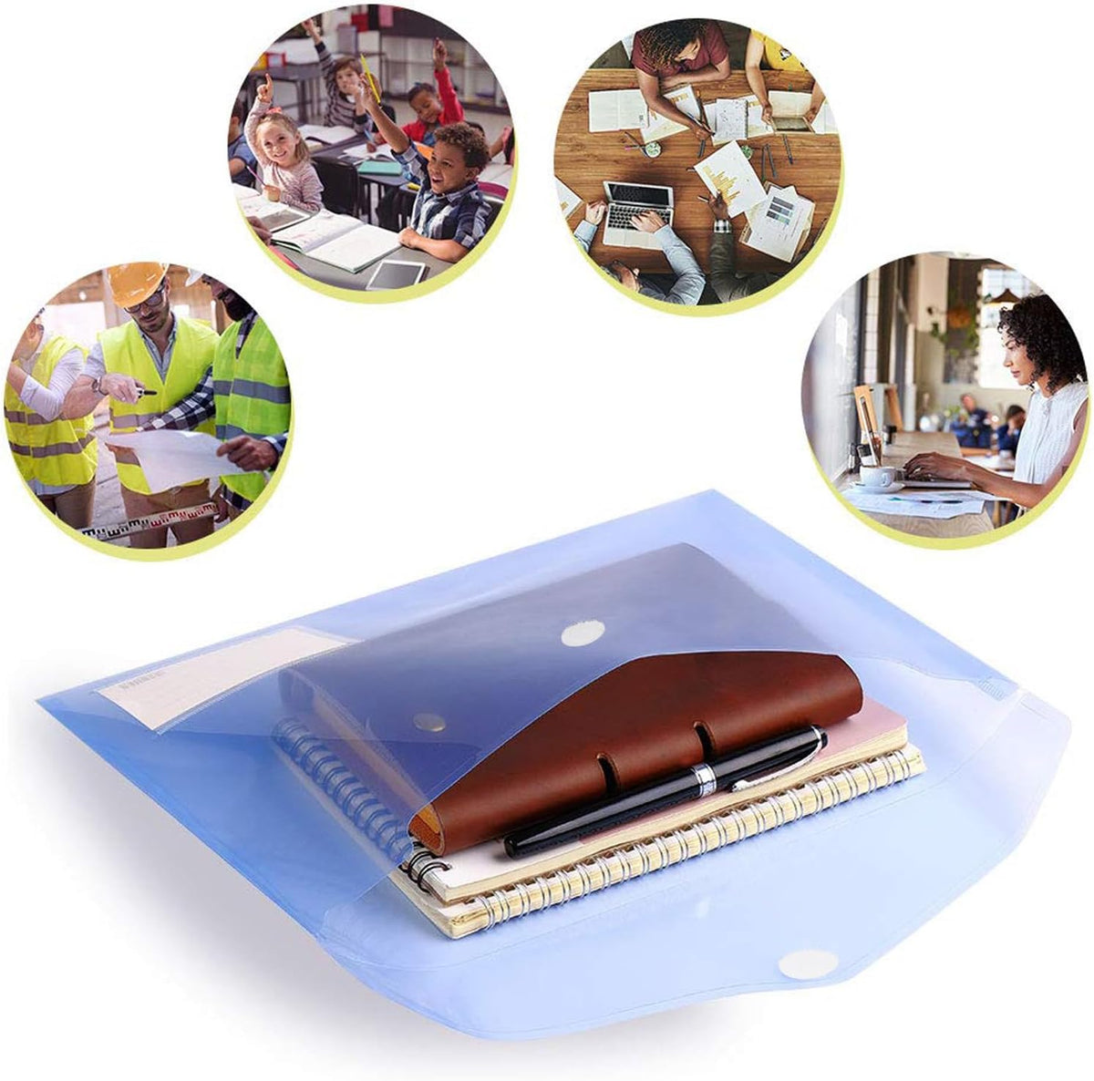10 Pack Plastic Envelope Folders with Label Pockets, 5 Colors 2 Each, Clear Poly File Folders Letter Size/A4, Hook and Loop Closure Document Envelopes for School Office Home