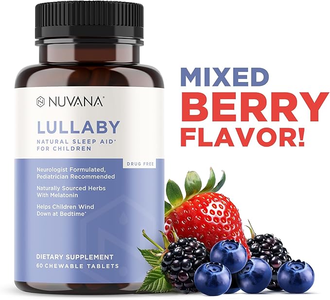 Lullaby | Gentle Kids Natural Sleep Aid | Pediatrician Recommended | Delicious Low Dose Melatonin & Non-Habit Forming Mixed Berry Chewable Tablets | with Chamomile, Magnesium for Kids 3+