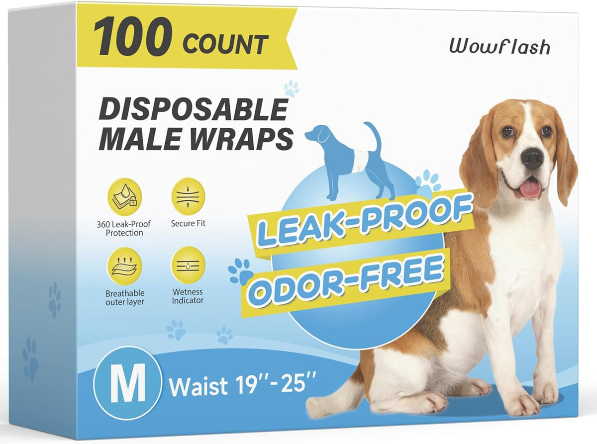 Wowflash 100 Count Dog Belly Bands for Male Dogs, Male Dog Diapers Disposable, Leakproof Dog Wraps with Wetness Indicator, Breathable Quick-Dry, Secure Fit for Doggy Puppy Training, X-Small