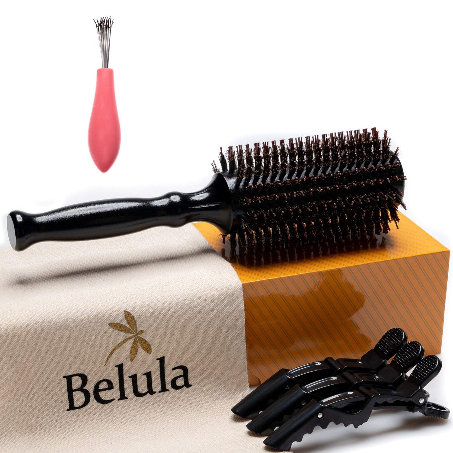 Belula Boar Bristle Round Brush for Blow Drying Set. Round Hair Brush With Large 2.7 Wooden Barrel. Hairbrush Ideal to Add Vo