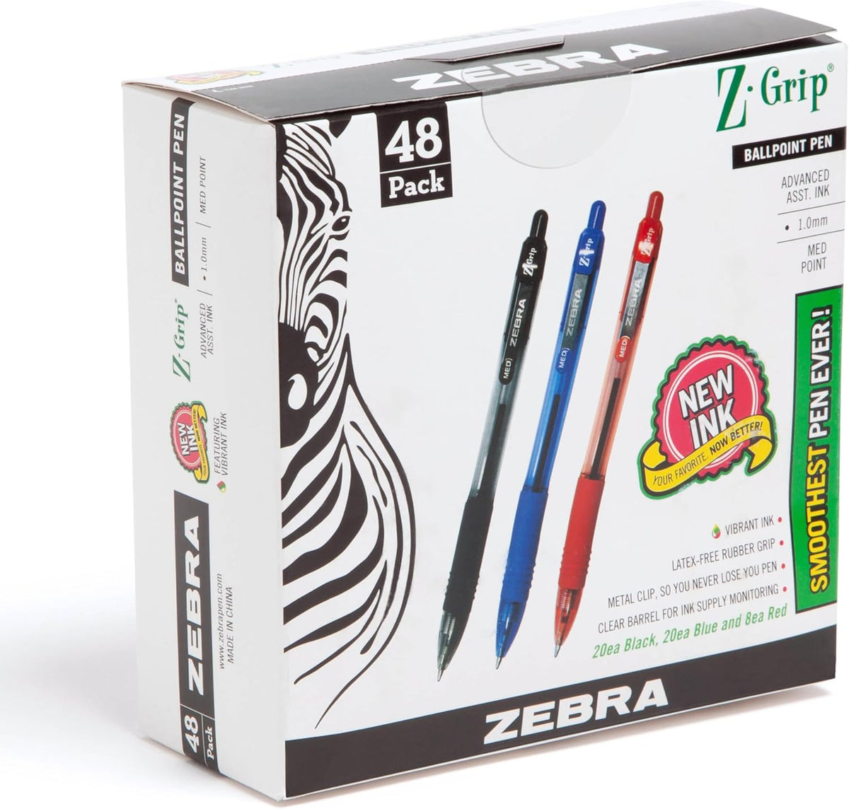Zebra Pen Z-Grip Retractable Ballpoint Pen, Smooth-Flowing Black Ink, 1.0mm Medium Point, School & Office Supplies, Ideal for Note-Taking, Journal and Planner Use, 18-Pack (22218)
