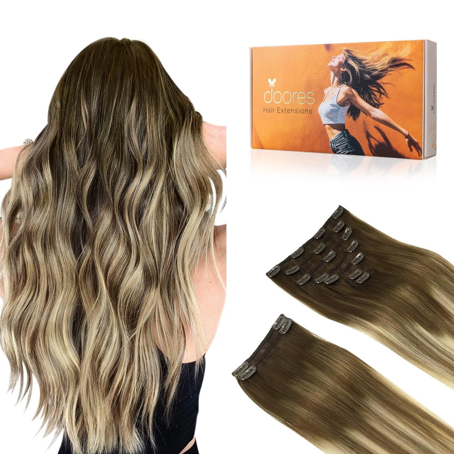 Doores Hair Extensions Clip In Human Hair, Balayage Walnut Brown To Ash Brown And Bleach Blonde 150G 9Pcs 14 Inch, Remy Human Ha