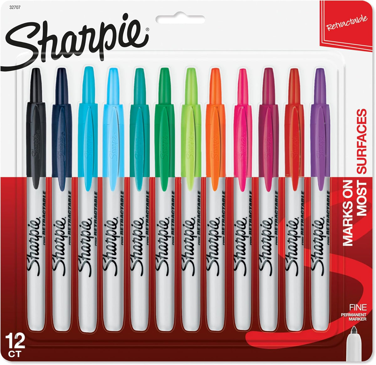 Sharpie Retractable Permanent Markers, Fine Tip, Black, 12 Count - Desk, Classroom, Office Supplies