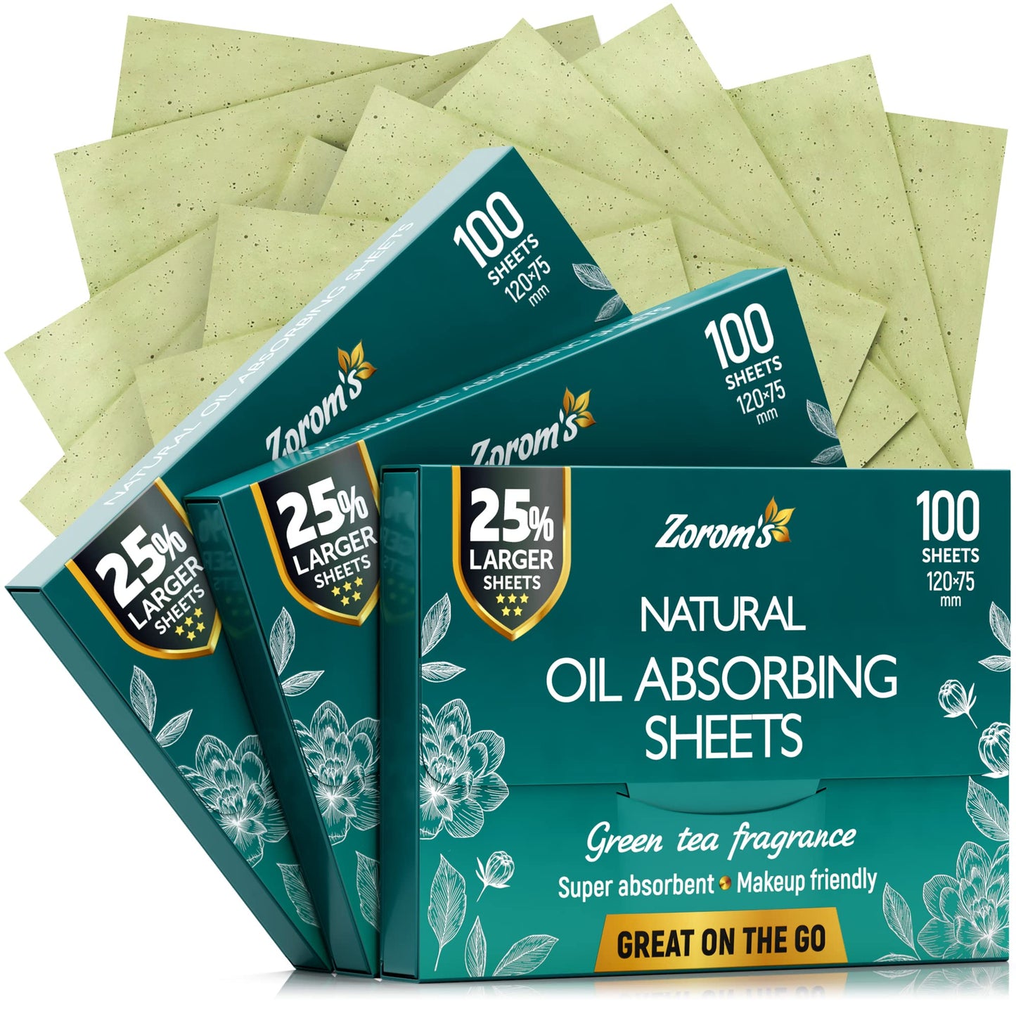 Natural Green Tea Oil Blotting Sheets For Face - 25% Larger Sheets (4.7X3 ) - 300 Makeup Friendly Blotting Papers For Face - E