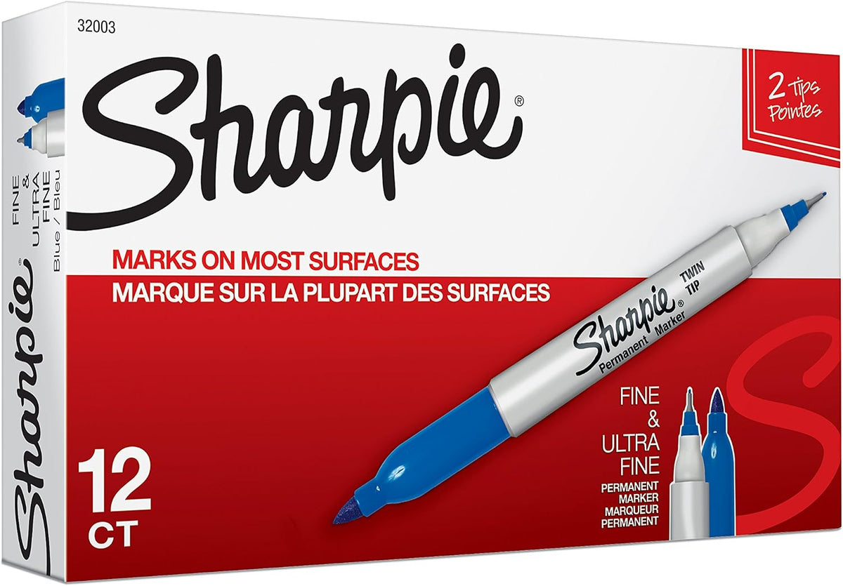 Sharpie Twin Tip Permanent Markers, Fine and Ultra Fine, Black, 12 Count