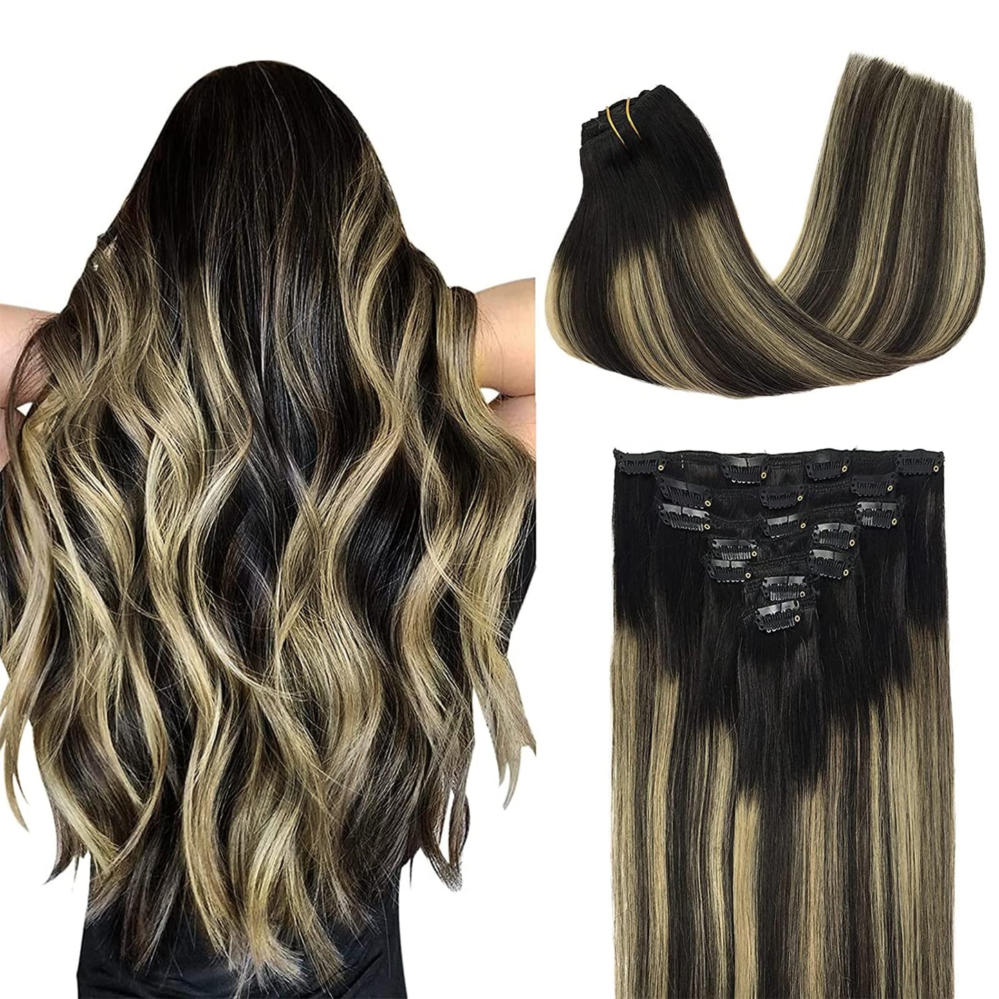 Doores Hair Extensions Clip In Human Hair, Balayage Natural Black To Light Blonde 18 Inch 120G 7Pcs Remy Clip In Human Hair Exte