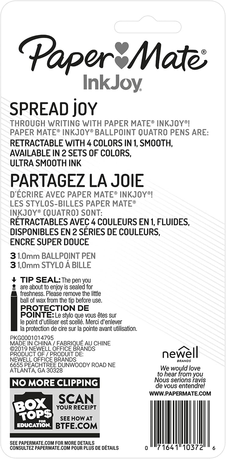 Paper Mate InkJoy Quatro Retractable Ballpoint Pens, 4 Colors in 1 Pen, Medium Point (1.0mm), 3 Count - Convenient, Note-Taking, Comfortable Grip, Ultra Smooth Ink