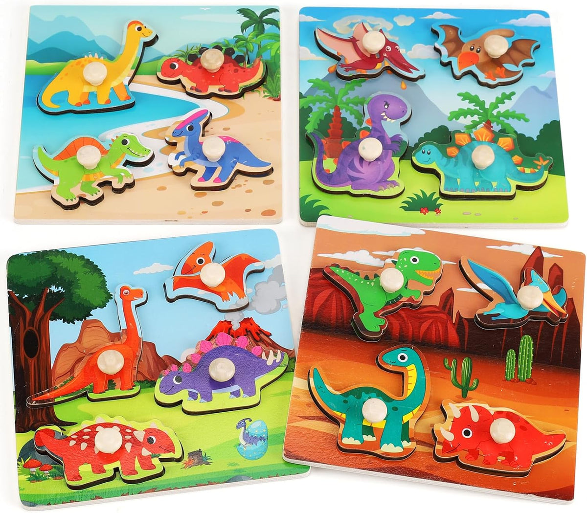 4-piece Wooden Peg Puzzles for Toddlers, Farm Dinosaur Fruit Marine Animals Preschool Learning Toys