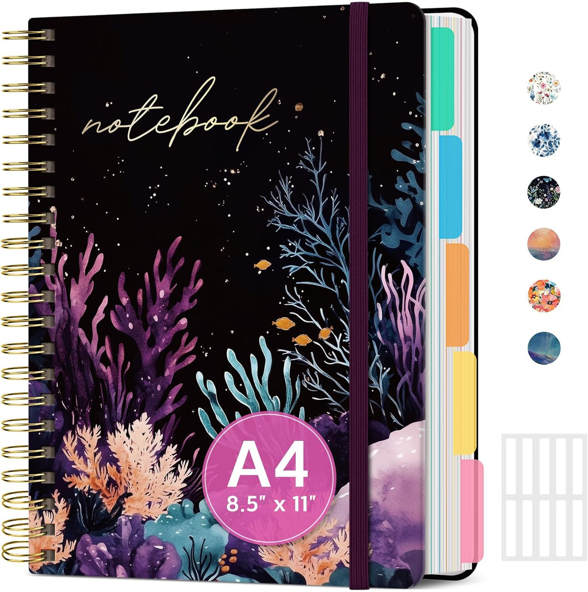Large Spiral Lined Notebooks for Work with Removable Dividers & Tabs, 8.5"x11" Pretty Hardcover 5 Subject Notebook Journal for Women, College Ruled, Perfect for Study & Office Organization, 280 Pages,Wildflowers