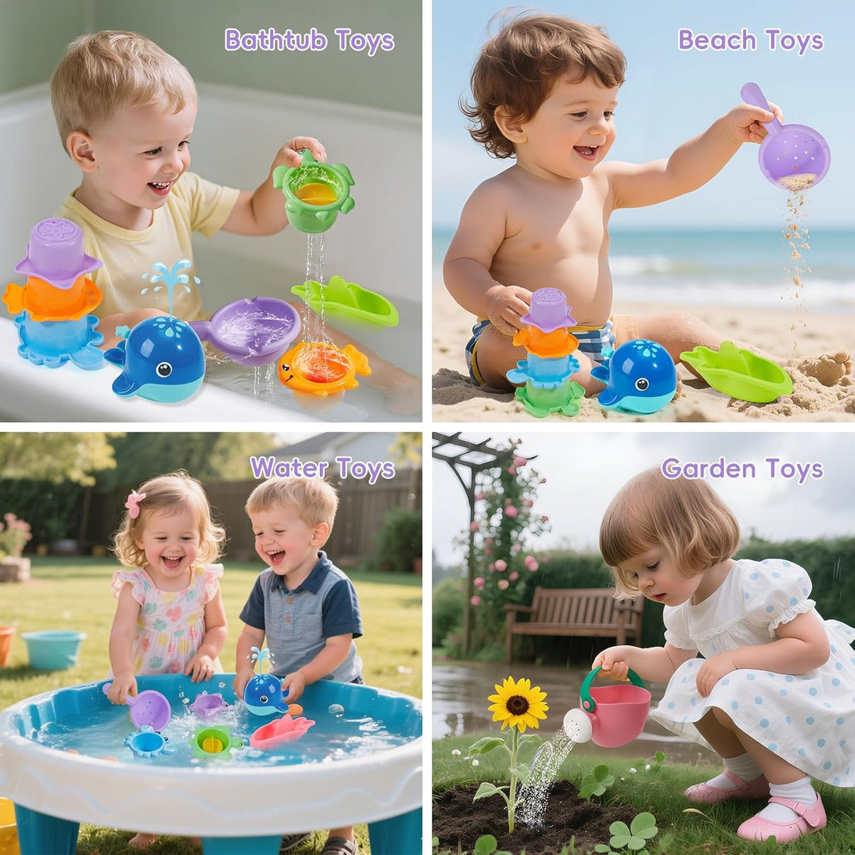 Mold-Free Bath Toys, 11-Piece Set | Safe, Easy-Clean & Fun Floating Boats, Spoon, Watering Can & Whale for Babies 12+ Months