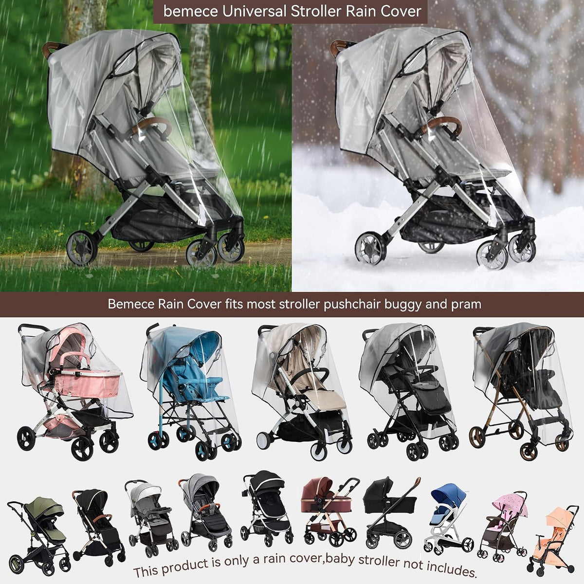bemece Clear Stroller Rain Cover, Breathable Transparent Weather Shield | Universal EVA Stroller Rain Cover, Rain/Wind/Snow/Dust Proof, Air Vents, All-round Portection, Durable, Portable