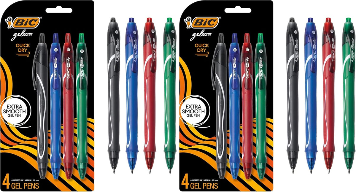 BIC Gelocity Quick Dry Black Gel Pens, Medium Point (0.7mm), 4-Count Pack, Retractable Gel Pens With Comfortable Full Grip