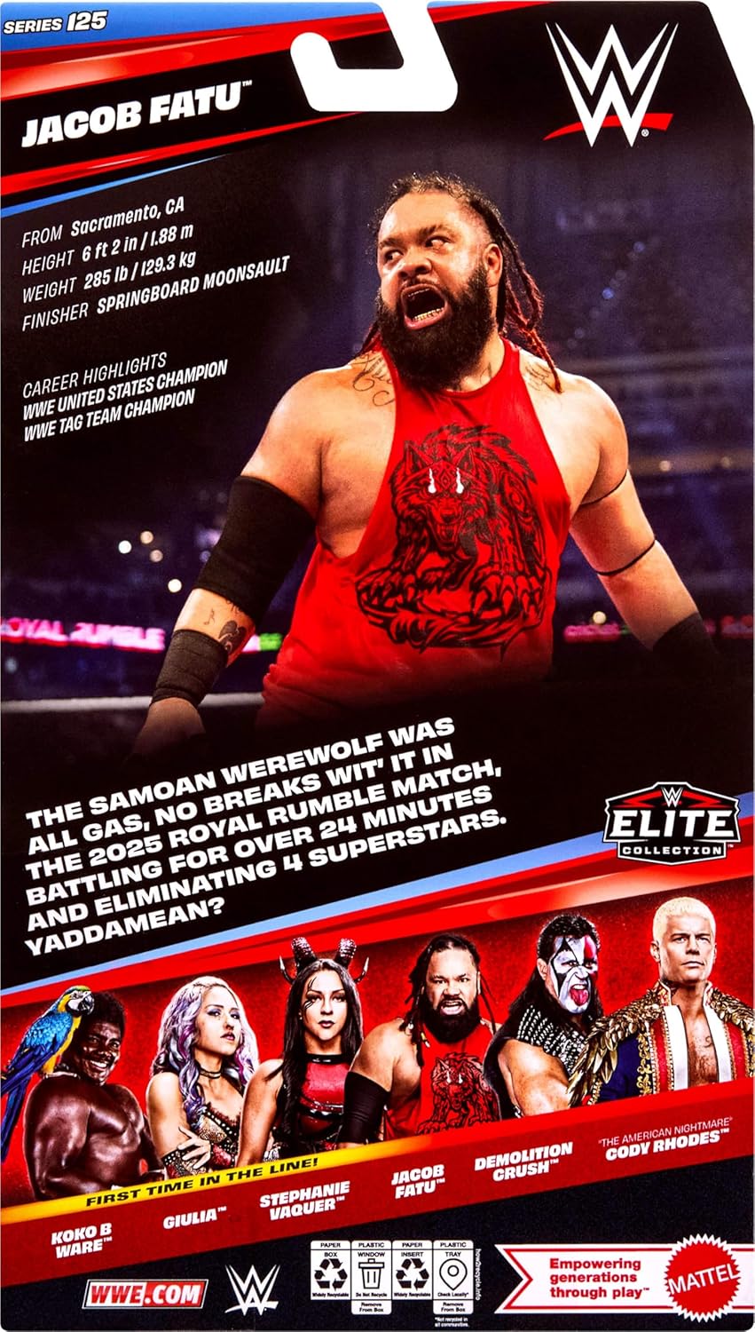 Mattel WWE Elite Action Figure & Accessories, Series #125 Set, 6-inch Collectible Jacob Fatu with 25 Articulation Points & Swappable Hands