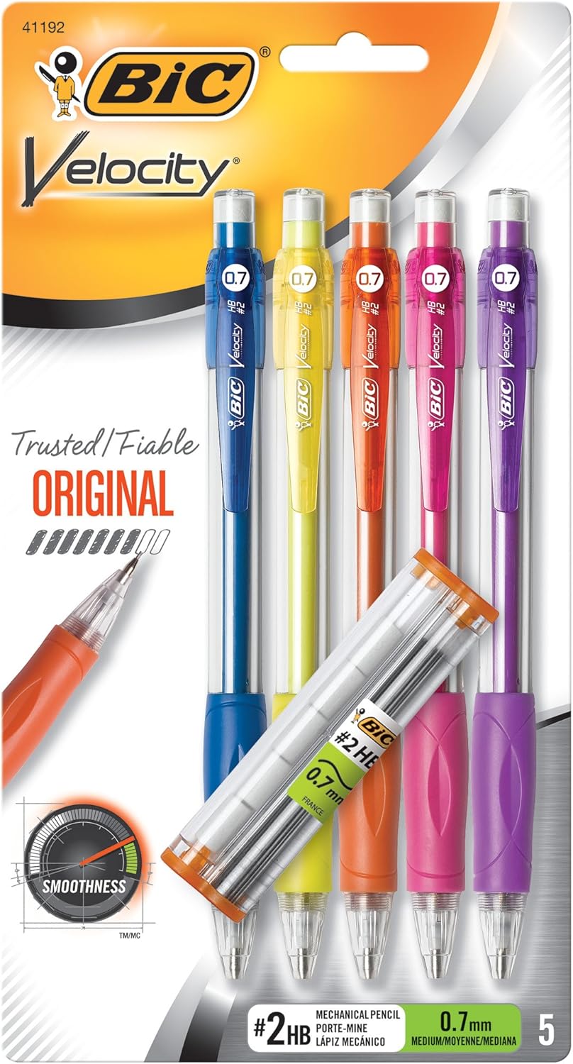 BIC Velocity Strong Lead Mechanical Pencils, With Colorful Barrel, Thick Point (0.9mm), 5-Count Pack Mechanical Pencils With Erasers