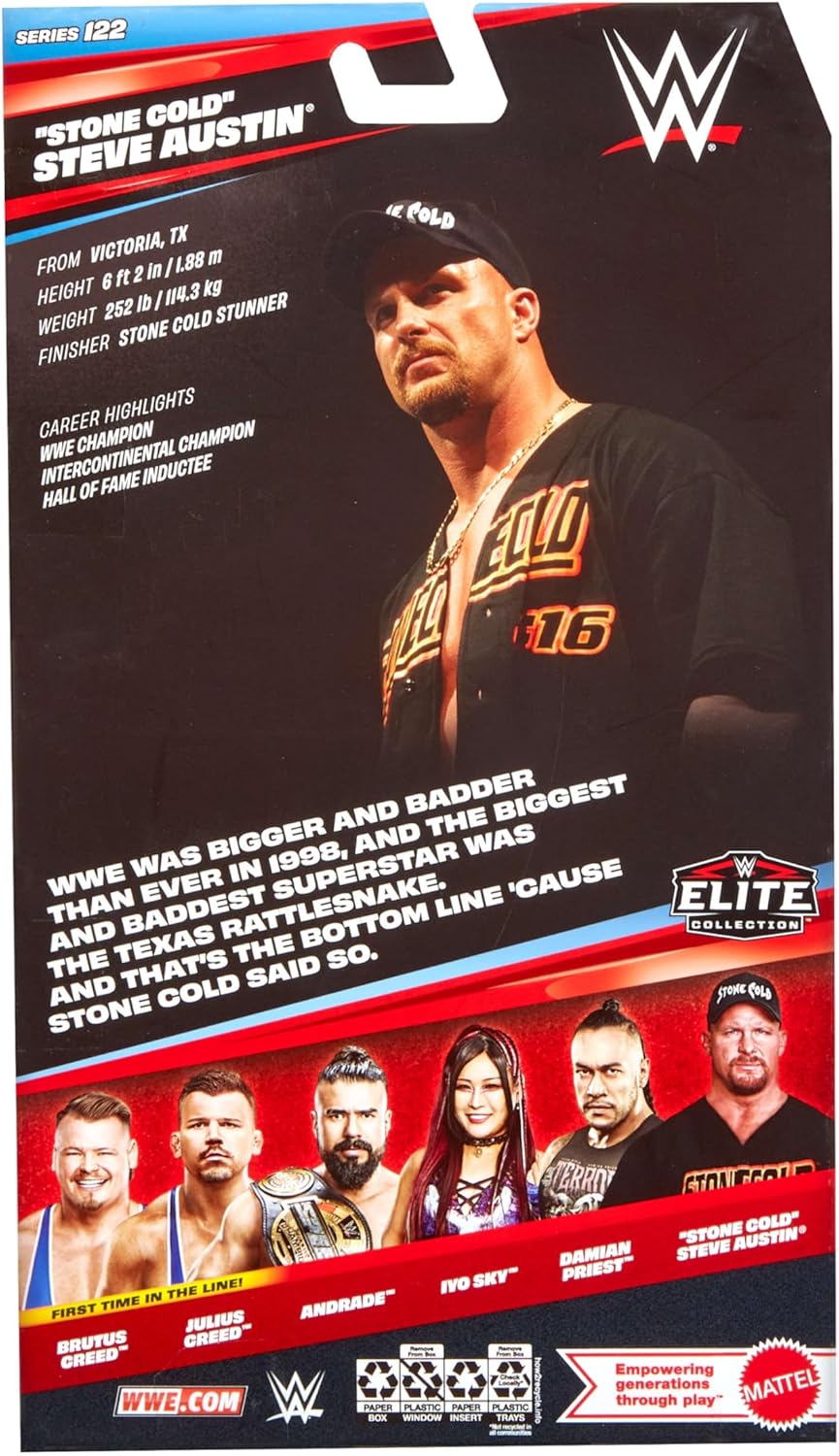 Mattel WWE Elite Action Figure & Accessories, Series #122 Set, 6-inch Collectible “Stone Cold” Steve Austin with 25 Articulation Points & Swappable Hands
