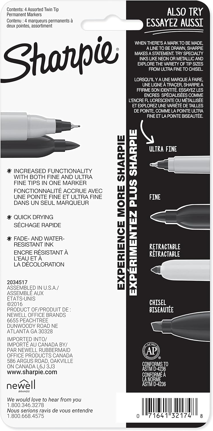 Sharpie Twin Tip Permanent Markers, Fine and Ultra Fine, Black, 4 Count