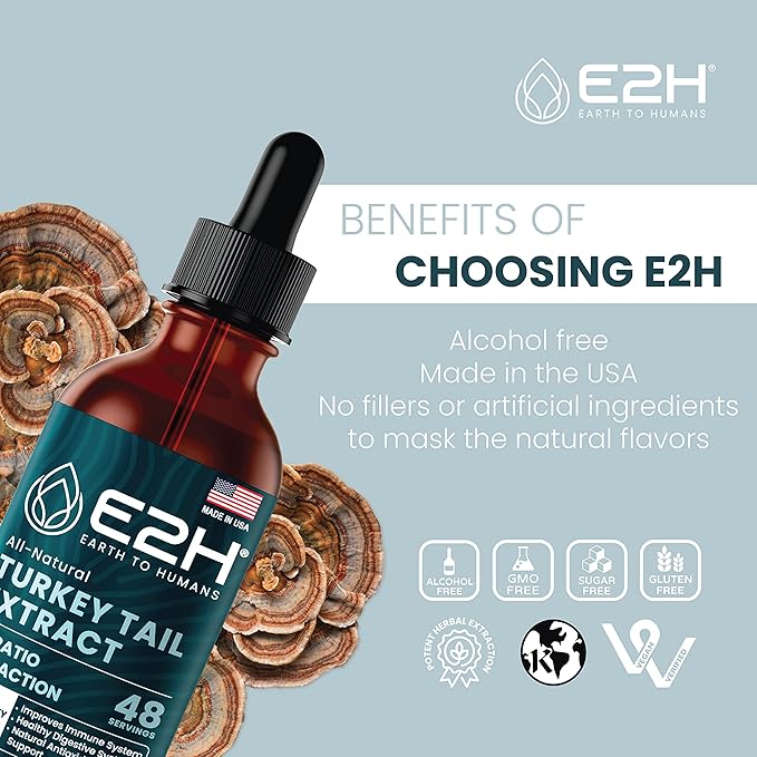 E2H Turkey Tail Mushroom Extract - All-Natural Immune System & Digestive Support from Advanced Mushroom Supplement - Turkey Tail Mushrooms Supplement - Non-GMO, Vegan (2 Bottles)
