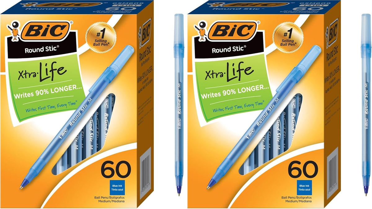 BIC Round Stic Xtra Life Ballpoint Pen, Ultra Long Lasting and Consistent Ink Flow, 60-Count in Black Ink