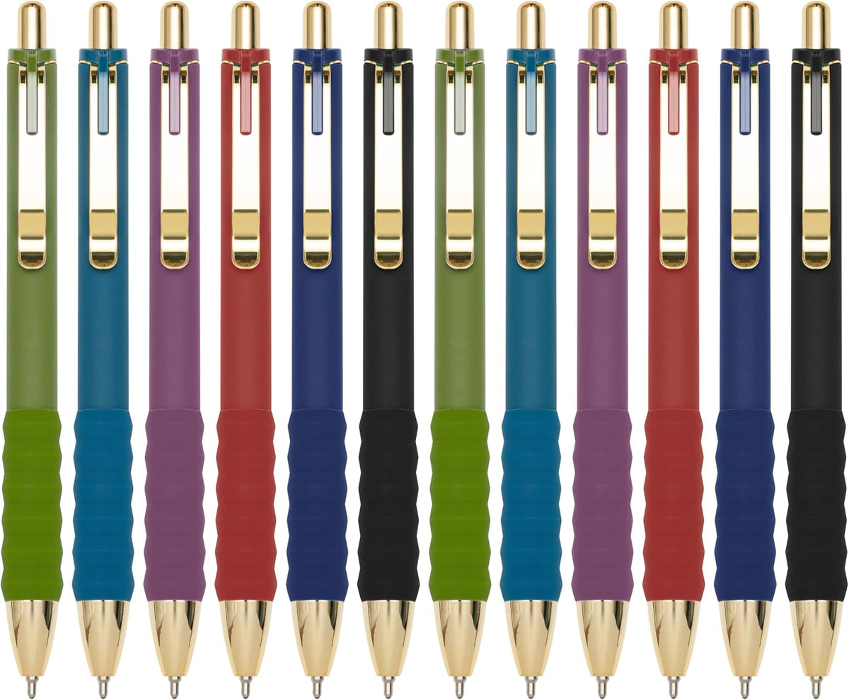 Linbsunne Ballpoint Pens Black Medium Point 1mm Pen with Super Soft Grip Ball Point Pen for Men Women Retractable Pens (gold-12 pcs)