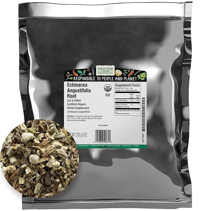 Frontier Co-op Dried Echinacea Angustifolia Root, Cut and Sifted, 8oz, Certified Organic Echinacea Root - Ideal for Tea and Herbal Remedies, Kosher