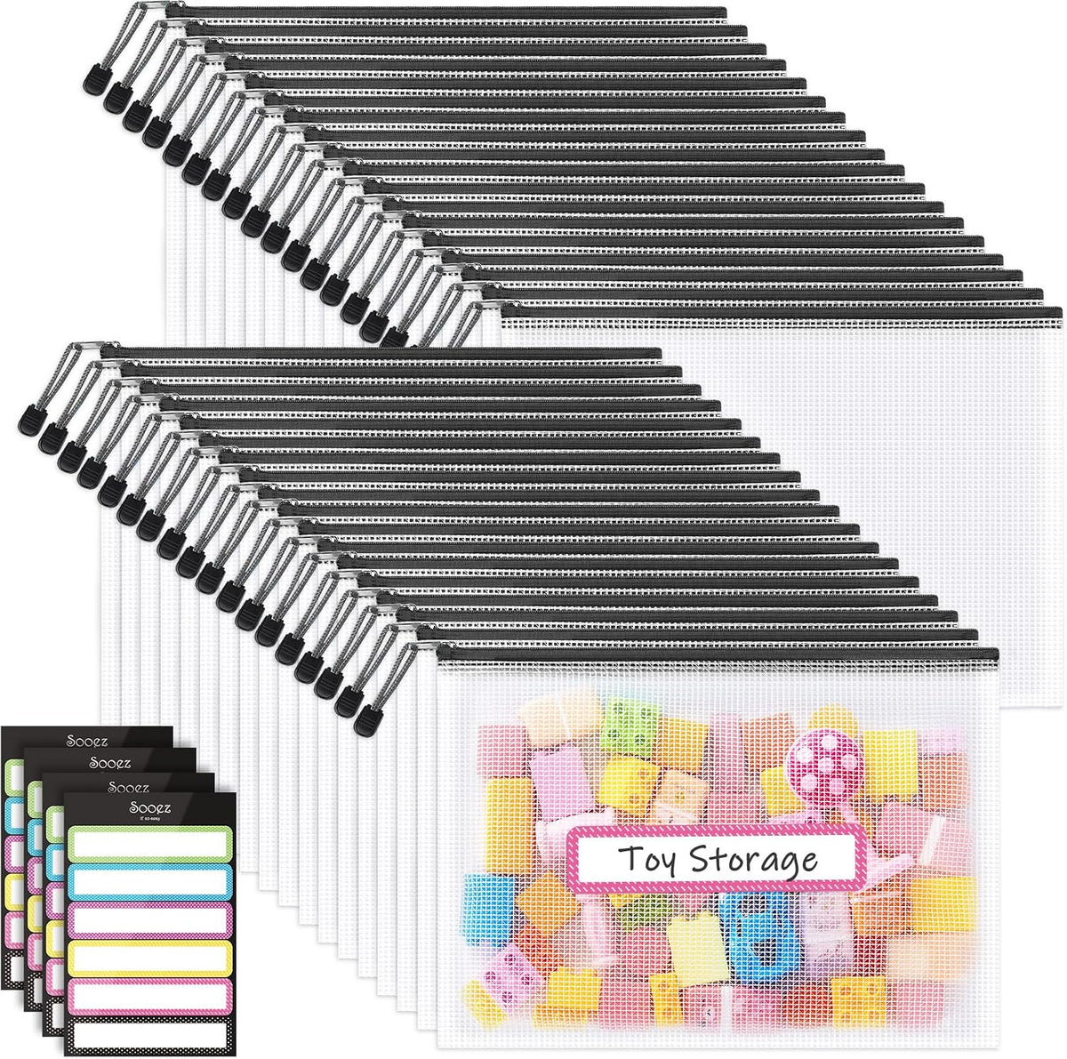 Sooez 24 Pack Mesh Zipper Pouch with Sticky Labels, A4 Mesh Bags, Sturdy Letter Size File Folders Organizer, Office School Classroom Teacher Supplies, Toy Storage Bag Board Game Puzzles Organization
