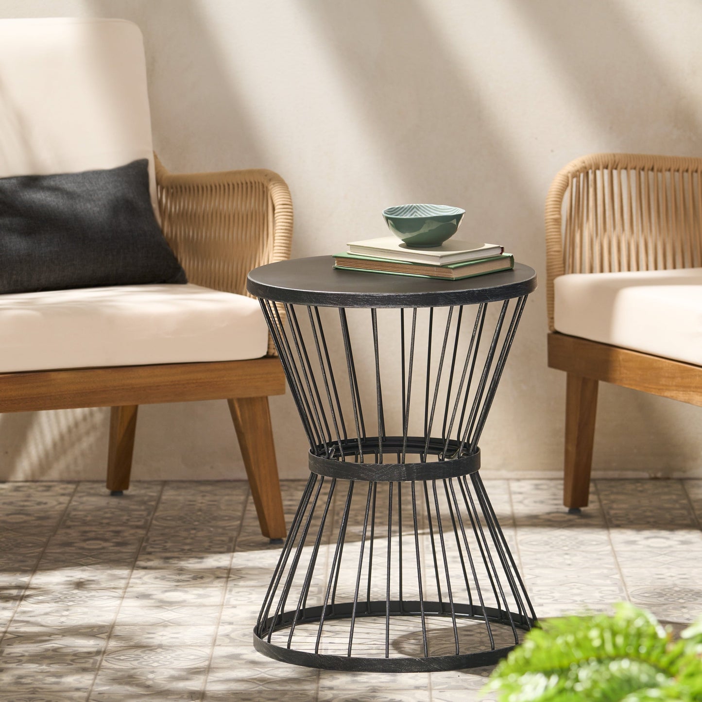 Christopher Knight Home Outdoor Metal Side Table Modern Round Waterproof Patio Accent Table w/Hourglass Frame Open-Cage Design for Garden Balcony Backyard (Matte Black)