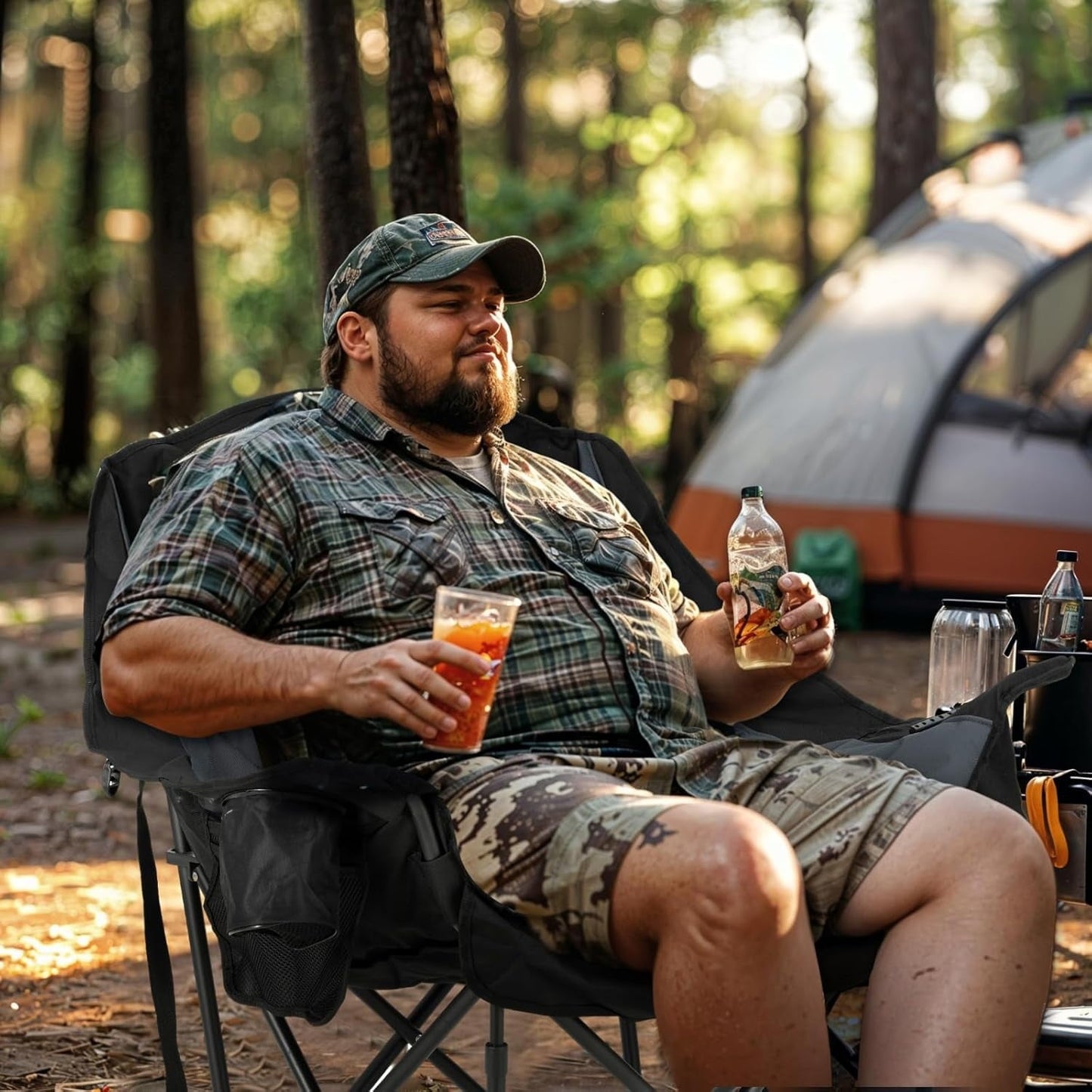Oversized XL Camping Chair for Adults - 450lbs Support Heavy-Duty Padded Folding Chair with Side Pocket Cup Holder Cooling Bag