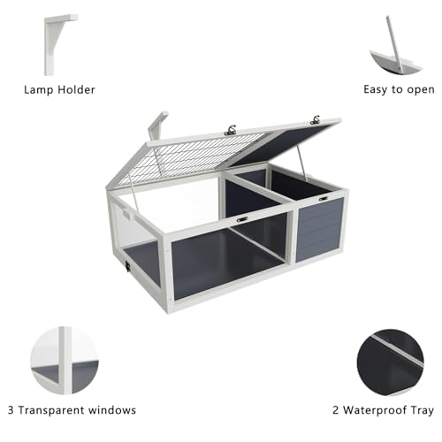 Wood Tortoise Habitat House Indoor with Lamp Holder ＆ Observation Window, Outdoor Tortoise Habitat Amphibians Reptile Cage with 2 Removable Waterproof Trays for Small Animals (Gray C)