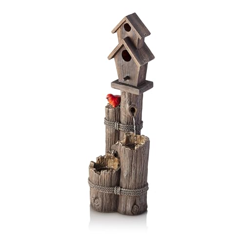 Alpine Corporation 35" Tall Outdoor 3-Tier Birdhouse Water Fountain with Cardinal Accent, Rustic Floor Decor for Garden and Patio, Brown - style: 3- Tiered Log & Branch