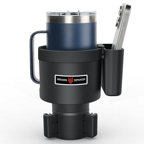 Seven Sparta Cup Holder Expander with Phone Holder & Cable Access, 3-in-1 Car Organizer, Side Storage Box for Phone/Cards, Compatible with Yeti, Owala, Hydro Flasks & Large Bottles Mugs in 3.4"-3.8"