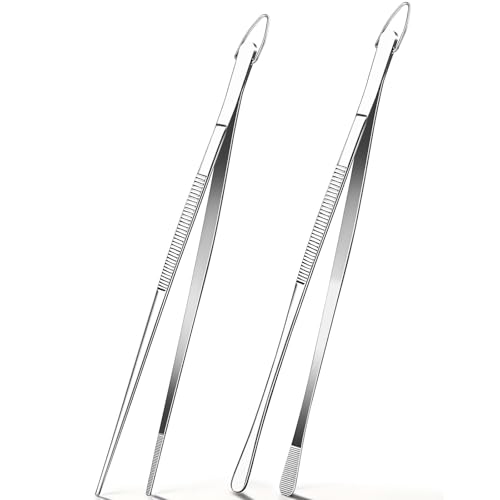 12 Inch Kitchen Tweezer Tongs, 2 PCS Stainless Steel Round & Precision Pointed Tip Extra Long Tweezers Multi-Use Kitchen Tweezers for Cooking, BBQ, plating, Grilling & Food Prep