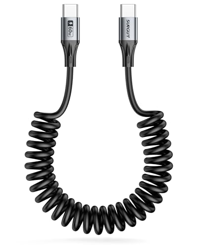 SUNGUY Coiled USB C to USB C Cable, 60W USBC to USBC Android Auto & Carplay Cable for iPhone 17 16 15 Pro Max, Samsung Galaxy S24/S3/S22, iPad Pro, 1Pcs 5FT【Extendable:1.3FT-3.3FT】 Grey - color: Grey, size: 5ft