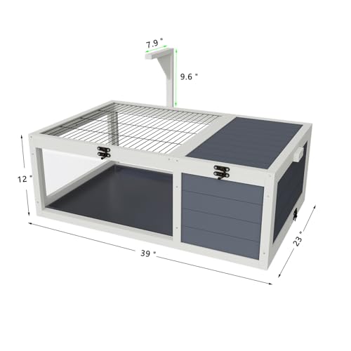 Wood Tortoise Habitat House Indoor with Lamp Holder ＆ Observation Window, Outdoor Tortoise Habitat Amphibians Reptile Cage with 2 Removable Waterproof Trays for Small Animals (Gray C)