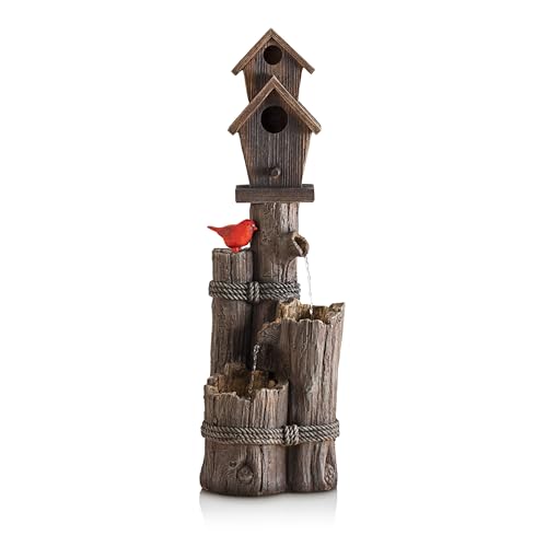Alpine Corporation 35" Tall Outdoor 3-Tier Birdhouse Water Fountain with Cardinal Accent, Rustic Floor Decor for Garden and Patio, Brown - style: 3- Tiered Log & Branch