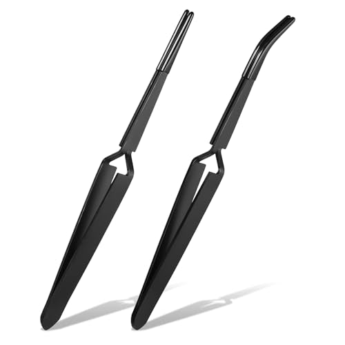 Reverse Tweezers for Crafting, 2 Pcs Rubber Tipped Tweezers Stainless Steel PVC Coated Bent and Straight Flat Tip Cross Locking Precision Tweezer Set for Crafts Jewelry Beads Coins Electronic (Black)