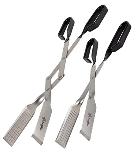 Tongs for Steaks, 2-Pack 17" & 13" Professional Kitchen and Outdoor Grilling Utensil Set, by Shark BBQ Grill Tongs -(Black) - color: Black 2X Steak Tongs