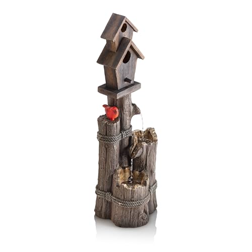 Alpine Corporation 35" Tall Outdoor 3-Tier Birdhouse Water Fountain with Cardinal Accent, Rustic Floor Decor for Garden and Patio, Brown - style: 3- Tiered Log & Branch