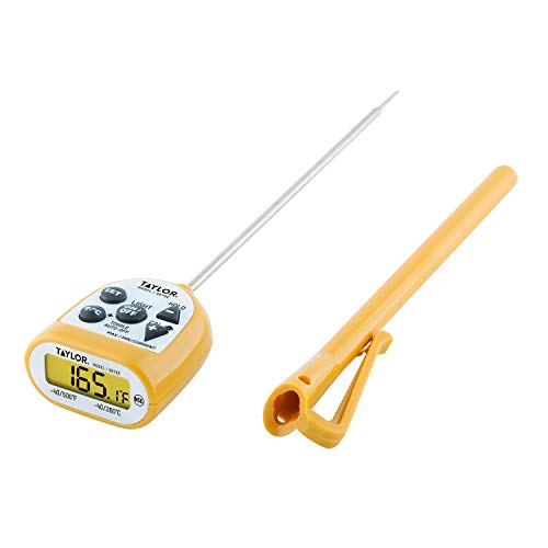 Taylor Compact Waterproof Digital Food Thermometer, 4.5 Inch Stem Length with an FDA Recommended 1.5mm Stepdown Probe Diameter and Amber Backlit LCD, HOLD, Min/Max; NSF, Yellow - color: Yellow