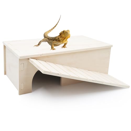 2-in-1 Wooden Hide Cave with Ramp & Basking Platform – Reptile Hideout & Tank Accessory for Bearded Dragons, Geckos, Snakes - size: Large
