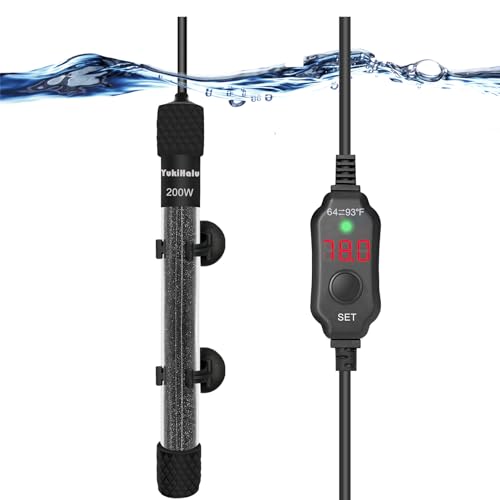 YukiHalu Small Submersible Aquarium Heater, Adjustable Mini Fish Tank Heater 25W 50W 100W 200W 300W with External Temperature Controller, LED Display, Used for 5/10/20/40/60 Gallons (200 Watts) - size: 200 Watts