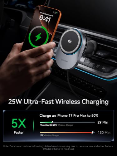 THREEKEY Magnetic Car Mount Charger Lite Qi2 25W Charging with TEC Cooling - color: Black