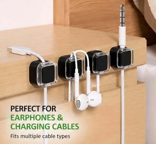 Cable Clips for Desk 6 Pack, Self Adhesive Cable Organizer, Cord Holder for Charging Cables, USB Cables, Earphones & Computer Wires, Wire Management Clips for Home, Office & Car, Black