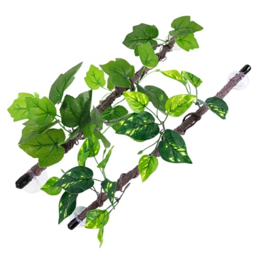 Zerodeko 2pcs Reptile Jungle Climbing Branches with Flexible Plastic Vines and Suction Cups, Realistic Texture Decorative Green Hanging Plants for Gecko and Reptile Tank Terrarium