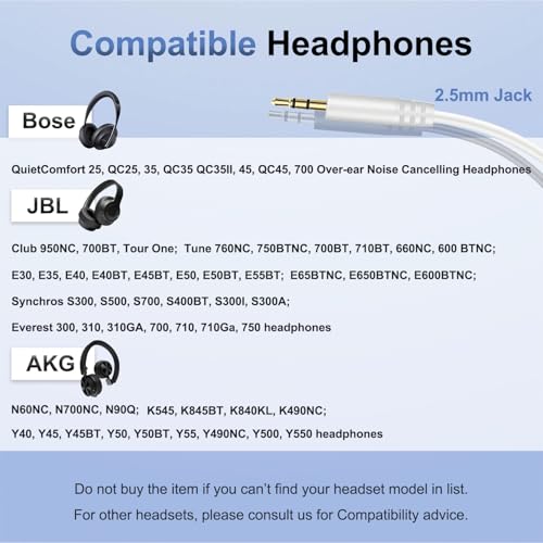 Bose Headphones Replacement Audio Cable Cord Aux 3.5mm to 2.5mm Wire-No Mic - color: White