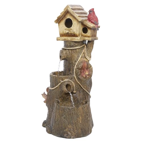 Alpine Corporation ZEN552 Outdoor Multitiered Birdhouse with Cardinal and Squirrels Water Floor Fountain for Patios, Gardens, and Yard Decor, 24" H, Brown - style: Tree and Cardinal Birdhouse
