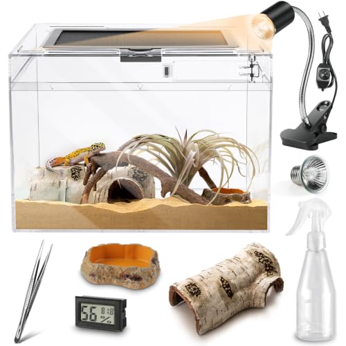 HELIME Reptile Tank 7 Piece Starter Kit with Escape Proof Locking Lid XL | All in One lizard Terrarium,Polycarbonate Leopard Gecko Enclosure Frogs Cage with Light,Hygrometer,Hide,Tweezer,Bowl,Sprayer - size: XLarge(19.5x9.4x10.5IN)
