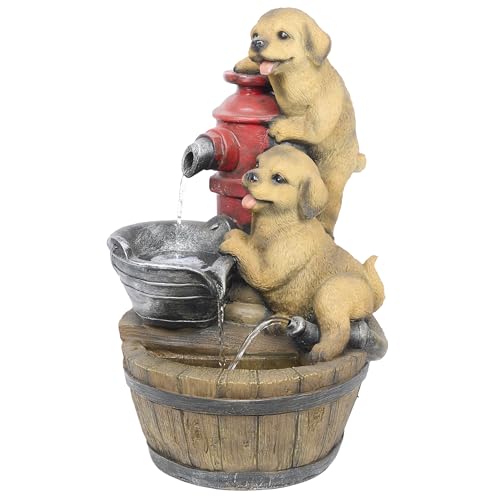 Alpine Corporation GXT986 26" Tall Outdoor Barrel Fountain with Playful Puppies, Cascading Garden Water Feature for Patio, Lawn, or Yard Decor, Brown - style: Barrel with Playful Puppies