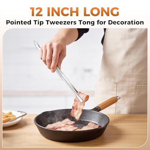 12 Inch Kitchen Tweezer Tongs, 2 PCS Stainless Steel Round & Precision Pointed Tip Extra Long Tweezers Multi-Use Kitchen Tweezers for Cooking, BBQ, plating, Grilling & Food Prep